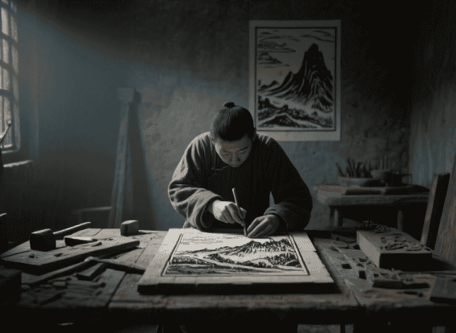 泉山黑白木刻版画